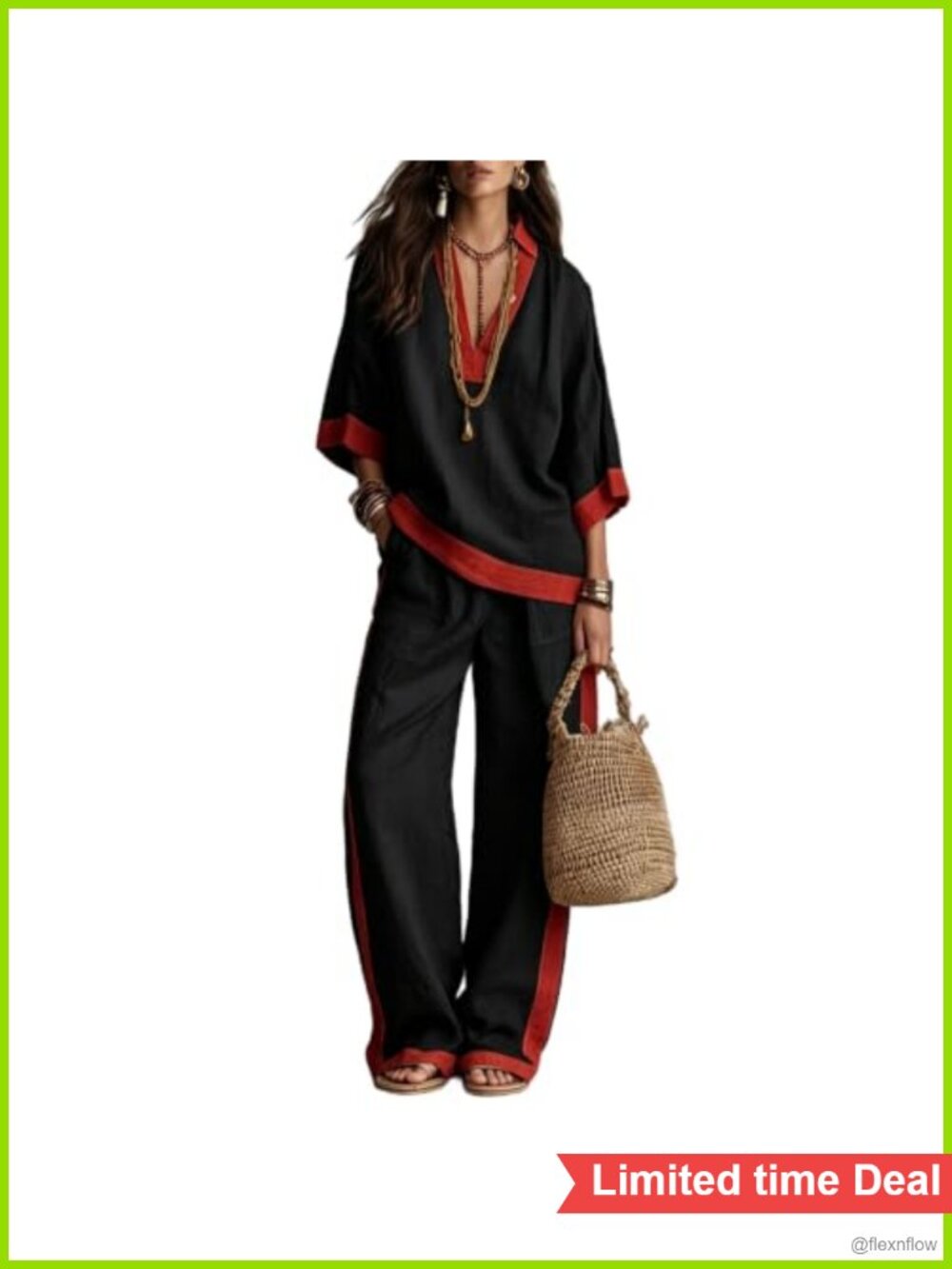 Linen Blend Two Piece Set V Neck Loose Blouse Wide Leg Pants